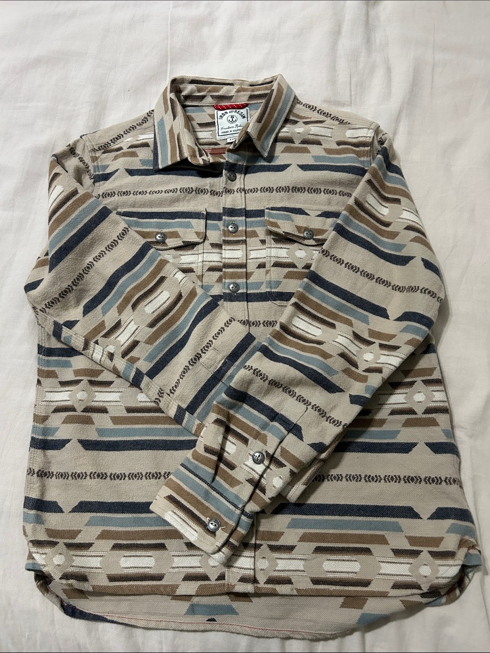 Iron & Resin Beige and Blue Tribal Stripe Shirt Jacket